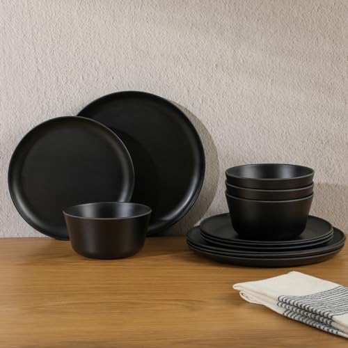 Gibson Home Fairhope 12-Piece Matte Black Melamine Dinnerware Set – Durable Lightweight Plates and Bowls, Kitchen Dining Set - color: Matte Black (Fairhope), size: Service for Four (12pcs)