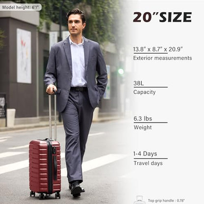 Coolife Carry On Luggage Airline Approved with Spinner Wheels, Hard Shell Suitcase TSA Lock Lightweight Travel Luggage 20-inch,Wine Red - color: wine red, size: Small(20in)