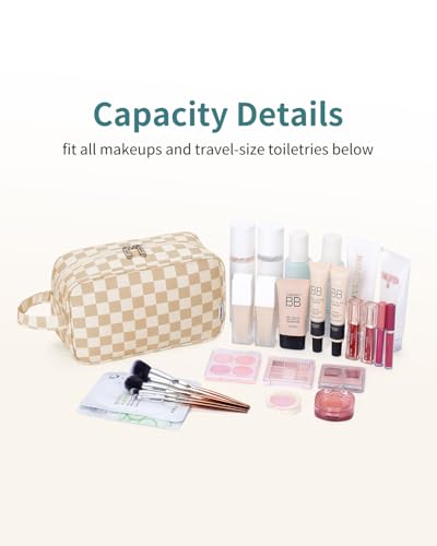 Narwey Checkered Travel Toiletry Bag for Women Traveling Dopp Kit Travel Bag for Toiletries Cosmetic Bag Makeup Bag Medicine Bag for Traveling (Light Brown Checkerboard) - color: B-Light Brown Checkerboard