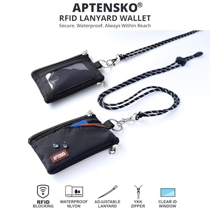 RFID Blocking Travel Wallet with Adjustable Lanyard, Small Nylon Zipper Pouch and Badge Holder for ID, Credit Cards, Cash, Keys, Commuters (Black) - color: Black