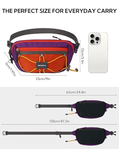 WATERFLY Lightweight Small Fanny Pack: 1.5L Mini Slim Crossbody Waist Belt Hip Bag with RFID Blocking, Anti-Theft & Water Resistant Pouch for Women Men Travel Hiking Running Walking EDC - color: Purple-Red