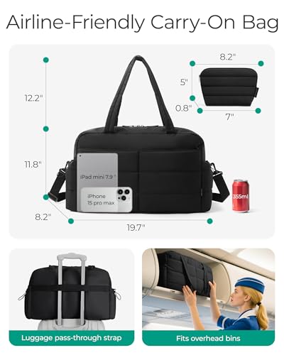 BAGSMART Gym Bag for Women, Lightweight Puffer Duffle Bag 2-PC Travel Bag, 31L Weekender Overnight Bag Quilted Carry On Tote Bag, Diaper Hospital Dance Bag for Travel, Gym, Water Resistant, Black - color: Black