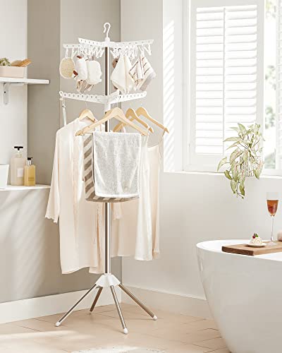 SONGMICS 2-Tier Clothes Drying Rack, 72-Inch Folding Laundry Drying Rack with 3 Rotatable Arms for Hangers, 24 Clips, Stainless Steel, for 27 Pieces of Clothes, White and Silver ULLR512W01 - color: White + Silver, style: 2-Tier-Clip