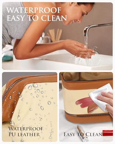 Double-Layer Toiletry Bag, Water-Resistant Hybrid Leather Cosmetic Organizer with Wet/Dry Compartments, 26x15x16cm (Cream, Double layer) - color: Cream
