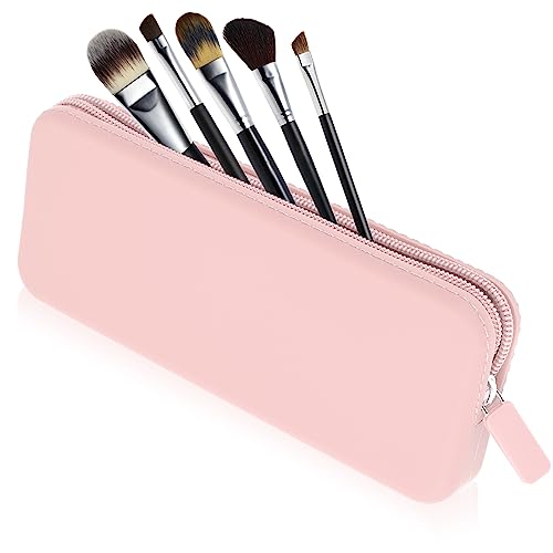 Sakolla Travel Makeup Brush Holder, Silicone Makeup Brush Bag with Zipper Closure, Makeup Brushes Organizer Case Washable Makeup Pouch Holder Case for Daily, Work, Essentials（Pink） - color: Regular Pink