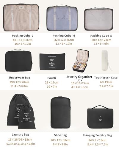 Packing Cubes 11 Set, Suitcase Organizers, Luggage Organizer Bags, with Toiletry Bag, Travel Essentials, Black - color: Black