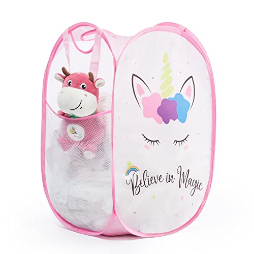 TECHMILLY Collapsible Mesh Pop Up Laundry Hamper with Sturdy Handles and Side Pocket - Portable Foldable Clothes Baskets for Dorm, Bathroom & Travel Storage (Unicorn) - color: Unicorn, size: 1 Pack