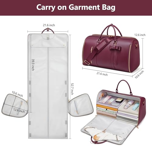 Garment Bags for Travel, Convertible Suit Travel Bag for Women, Cute Carry On Garment Bag w/Shoes Pouch, 2 in 1 Foldable PU Leather Hanging Duffle Bag, Single-Zipper Design, Sangria - color: Red