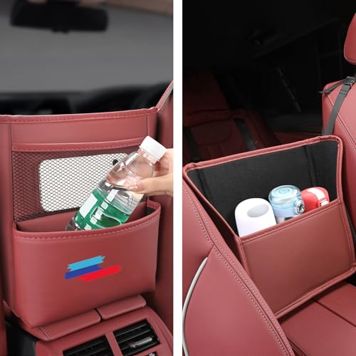 Car Purse Holder Between Seats, Nappa Leather Car Front Seats Organizer, Large Capacity Two-Sided Bag Cup Tissue Handbag Holder Storage for BMW X3 X5 X1 X7 4 3 5 2 7 8 Series Accessories, Red - color: Red