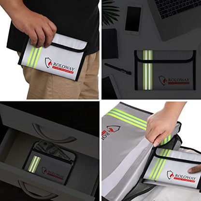 ROLOWAY Small Fireproof Bag (5 x 8 inches) with Reflective Strip, Non-itchy Fireproof Money Bag for Cash, Valuables, Passport, Currency & Keys (2-Pack Silver) - size: 8 x 5 inch, style: Silver With Reflective Strip