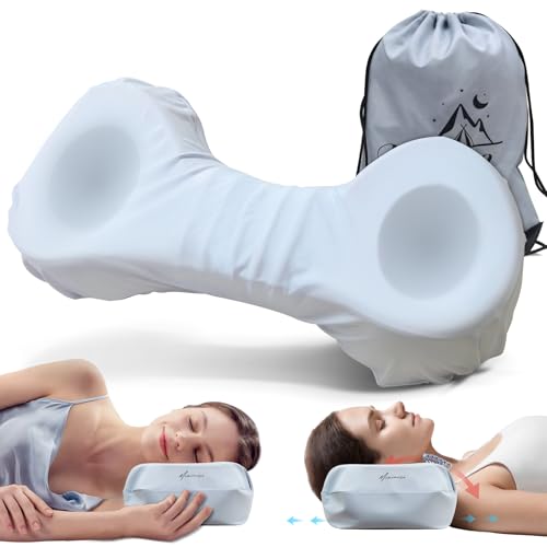 Cervical Neck Pillows for Tension Muscle Relief, Neck Roll Pillow for Side Sleepers, Camping & Travel Neck Support Memory Foam Pillow, Cervical Traction Device with Storage Bag - color: Blue