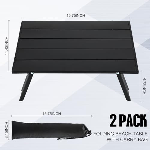 Barydat 2 Pack Small Folding Beach Table Aluminum Portable Camping Lightweight Roll up Tent Low Table for Sand Outdoor Compact Picnic with Carry Bag for Outdoor Picnic Tent Travel Beach(Black)