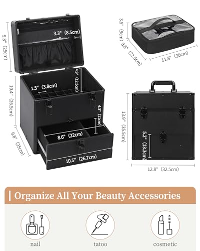 Professional Nail Polish Organizer & Storage Case, Double Layer Travel Nail Supplies Container Holds 96 Bottles & Full Size Nail Lamp, Multi-functional Aluminum Box for Nail Tech, Tattoo & Makeup
