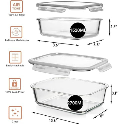 Razab 4 Pc (2700ML/ 91 Oz & 1520ML/ 51 Oz) Airtight Large Glass Food Storage Containers with Lids - BPA Free, Leak Proof Meal Prep Containers (2 Containers + 2 Lids) Microwave, Oven & Freezer Safe