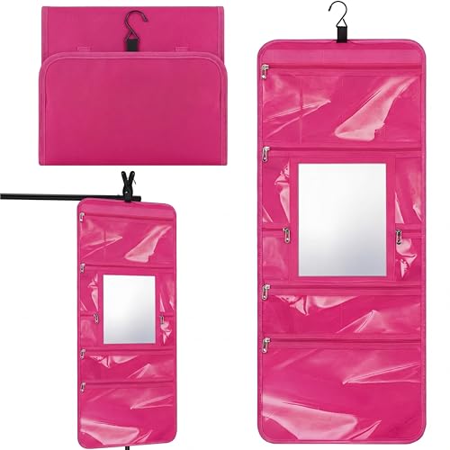 Hanging Toiletry Bag with Mirror for Women Hanging Mirror for Dance Bags Travel Large Foldable Dance Bag Organizer Storage Waterproof Cosmetic Case Accessories for Bathroom(Hot Pink) - color: Hot Pink