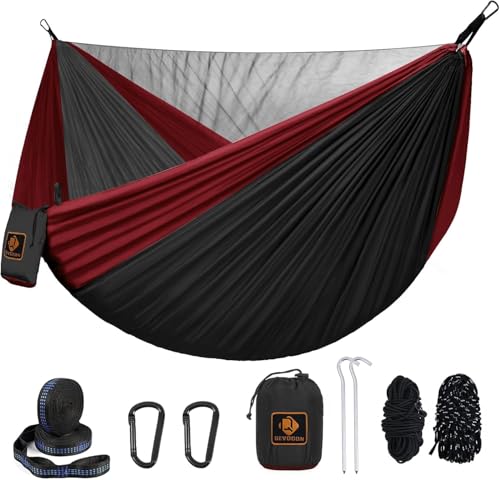 Camping Hammock with Mosquito Net,Lightweight 210T Nylon Hammocks,Portable Hammock with 10ft Tree Straps,Camping Gear Must Haves for Travel Hiking Backpacking Beach Patio-Black&Red - color: Black&red, size: X-Large