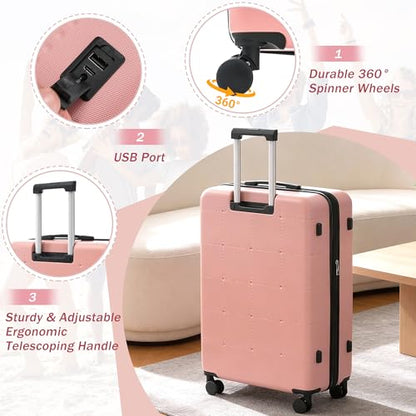 Merax Luggage Sets 5 Piece, Hardside 20" Half-opening Carry On Suitcase Set with USB Port,Lightweight Travel 24" 28" Luggage with Bags TSA Locks Double Spinner Wheels,Light Pink - color: Light Pink, size: 3 piece(20front open+24+28+bags)