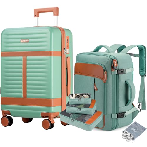 Lumesner 5 Piece Luggage Sets with Travel Backpack, 20" Carry On Hardside Spinner Suitcases, TSA Lock, Durable PC (Green, 5 piece set (20inch)) - color: Green(20inch-5piece Set)