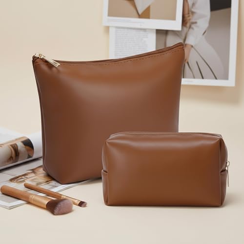 Kigeli 2 Pcs PU Leather Makeup Bag Set for Women Waterproof Aesthetic Cosmetic Bag Large & Small Travel Toiletry Organizer Pouch Skincare Organizer Bridesmaid Mother's Day Birthday Gift(Brown) - color: Brown