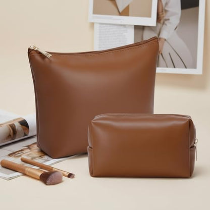 Kigeli 2 Pcs PU Leather Makeup Bag Set for Women Waterproof Aesthetic Cosmetic Bag Large & Small Travel Toiletry Organizer Pouch Skincare Organizer Bridesmaid Mother's Day Birthday Gift(Brown) - color: Brown