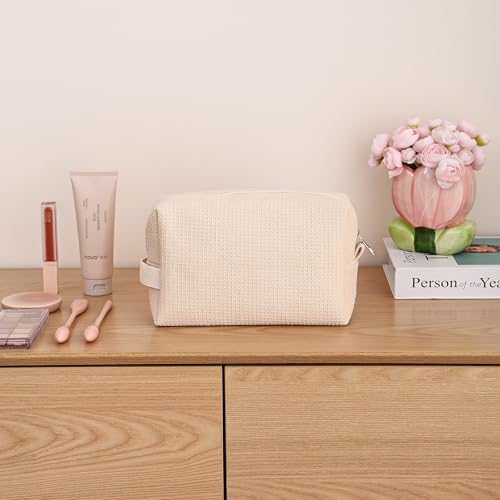 DYSHAYEN Waffle Makeup Pouch Bag, Small Travel Cosmetic Bag, Gifts for Women Bridesmaid,Wedding,Christmas (Beige) - color: Beige