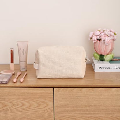 DYSHAYEN Waffle Makeup Pouch Bag, Small Travel Cosmetic Bag, Gifts for Women Bridesmaid,Wedding,Christmas (Beige) - color: Beige