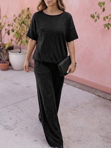 Tankaneo Women's 2 Piece Travel Outfits Casual Short Sleeve Knit Sweater Set Wide Leg Pants Lounge Sets Tracksuit - color: Black/Flower, size: Medium