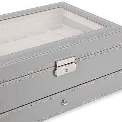 Watch Box 12 Slots, PU Leather Jewelry Box with Acrylic Top, Gray Display Case Organizer for Men and Women