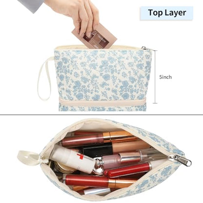 Ethereal Small Makeup Bag, 2 Layers Travel Make up Organizer Bag with Makeup Brush Holder, Portable Cosmetic Bag for Women/Girls, Blue Flower - color: 02-blue flower