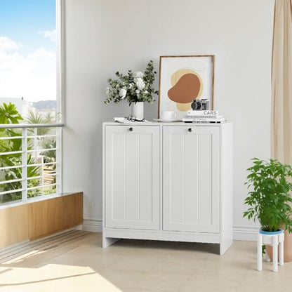 Double Tilt-Out Laundry Hamper Cabinet, Modern Hidden Laundry Hamper with 2 Removable Baskets, Free-Standing Bathroom Storage Cabinet, Anti-tiltdevice, (26.8" Tall White)