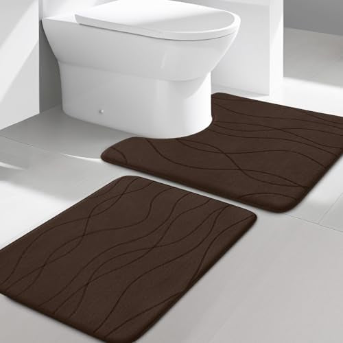 YIHOUSE Memory Foam Bathroom Rug Sets, Brown, 2 Piece-U Shape & Small Mat | Ultra Soft, Absorbent, Non-Slip, Machine Washable - color: Brown, size: 1'5" x 2'