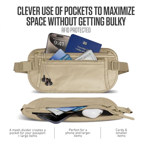 VENTURE 4TH Money Belt for Travel – Slim Hidden Under-Clothes RFID Blocking Anti-Theft Passport Holder & Travel Wallet Pouch for Men & Women to Protect Cash, Cards & Documents (Sleek Beige) - color: Sleek Beige