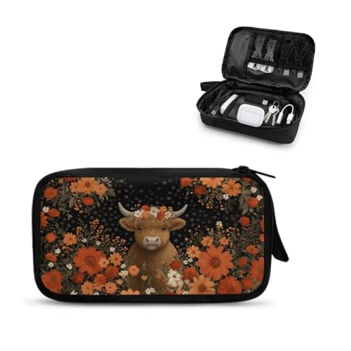 Highland Cattle Print Travel Cable Organizer Bag, Flower Print Electronic Cable Organizer Pouch, Waterproof Cable Storage Bag for Electronic Items, USB, Protective Digital Accessory - color: Black and Orange-Highland Cattle Flower
