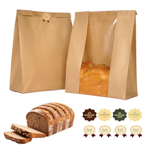 Funcoo 100 Pcs Paper Bread Bags for Homemade Sourdough Bread Bakery Storage Bags with Window, Large Thicker Bakery Loaf Bags for Baked Goods Packaging, Label Seal Sticker Included