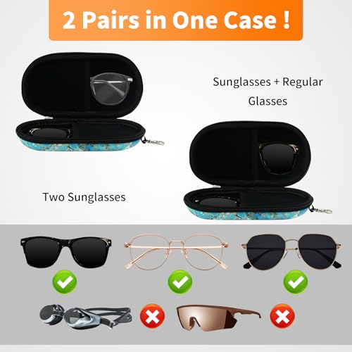 Double Eyeglasses Case, Hard Shell Dual Sunglasses Organizer with Zipper Clip Travel Glasses Storage for Women Men - color: Blue Apricot Blossom