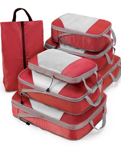 Meowoo 7 Set Compression Packing Cubes for Travel, Durable Ripstop Mesh Suitcase Organizer with Shoe Bag, Ultralight & Expandable Space Saver Travel Cubes - color: Red