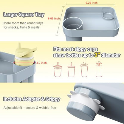 Car Seat Snack Tray for Toddlers - 3 Inch Cup Holder Fits Most Sippy Cups & Straw Bottles with Dip Well, Mess-Free Square Kids Travel Tray Road Trip Essentials, Grey - color: Grey