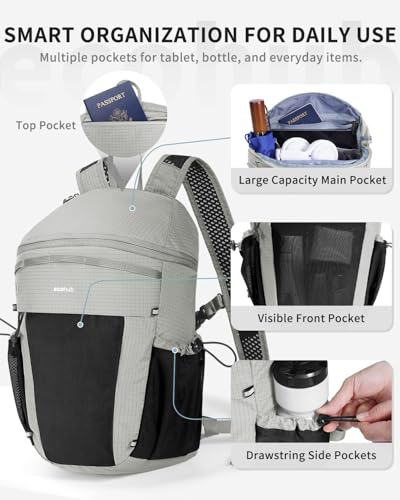 ECOHUB 15L Lightweight Casual Daypack, Packable Backpack for Daily Use, Hiking & Travel, Foldable Small Backpack with Stretch Mesh Pockets, Water-Resistant Nylon, Reflective Design - color: Grey
