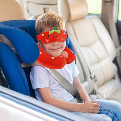 Kids Neck Pillow for Travel with Sleep Eye Mask, Cute Travel Neck Pillow, Memory Foam Flight Sleeping Headrest Pillow for Boys & Girls, Airplane, Train, Car, Home Use - Red Strawberry - color: Red Strawberry