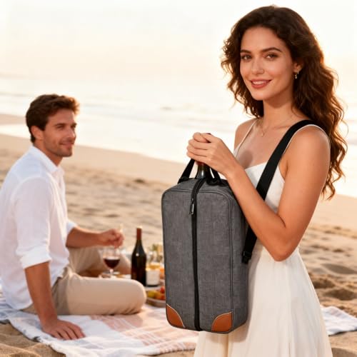 Wine Bag,Insulated Cooler Bag with Wine Glasses Steel Corkscrew Bottle Opener and Napkins Portable Wine Gift Bag for Picnics,Party,Travel (Gray)