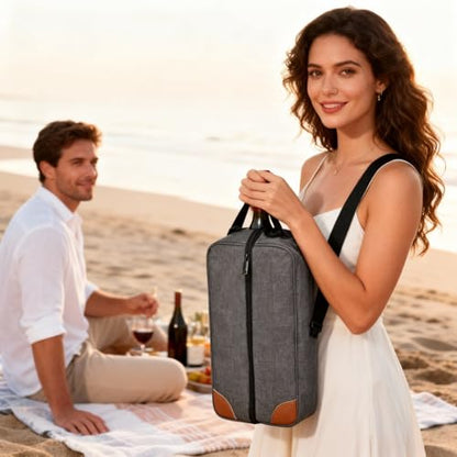 Wine Bag,Insulated Cooler Bag with Wine Glasses Steel Corkscrew Bottle Opener and Napkins Portable Wine Gift Bag for Picnics,Party,Travel (Gray)