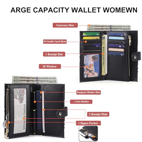 yiijay Wallet Women RFID Blocking Multi Cards Wallet Credit Card Holder for Women Large Capacity Lady Leather Trifold Travel Wallet with Pen Holder - color: 2Cow Print Black