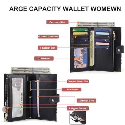 yiijay Wallet Women RFID Blocking Multi Cards Wallet Credit Card Holder for Women Large Capacity Lady Leather Trifold Travel Wallet with Pen Holder - color: 2Cow Print Black