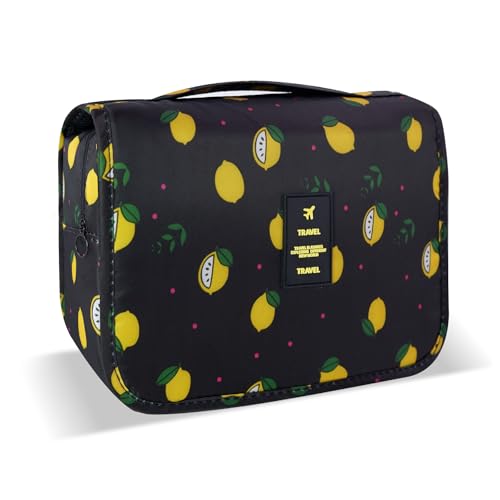 Portable Hanging Toiletry Bag for Travel,Small Multifunctional Makeup Cosmetic Bag for Women,Waterproof Travel Toiletries Organizer,Shower Bathroom Pouch with Hook for Gym,Camping - Black Lemon - color: Black Lemon