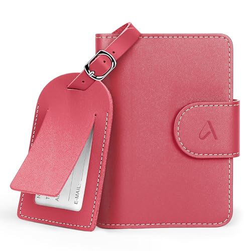 ALLIVE Rfid Passport Holder for Travel Women, Rfid Passport Cover Wallet, Genuine Leather Passport Holder for Travel with AirTag Hidden, Gift Set with Luggage Tag in Premium Gift Box (Rose Pink) - color: Rose Pink, style: Gift Box Set