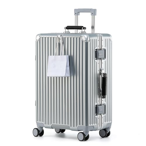 HotWay 26 Inch Hardside Checked Luggage with Leather Handle, PC Zipperless Suitcase with Spinner Wheels and TSA Locks, Lightweight Checked Luggage for Travel - color: Silver (Black Leather), size: Checked in 26inch