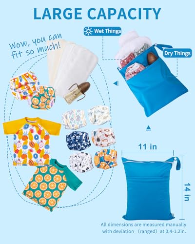 babygoal Wet Dry Bags 3 Pack for Baby Cloth Diapers, Washable Travel Bags, Beach, Pool, Gym Bag for Swimsuits & Wet Clothes with 2 Pockets 3LN10 - color: Green and Blue