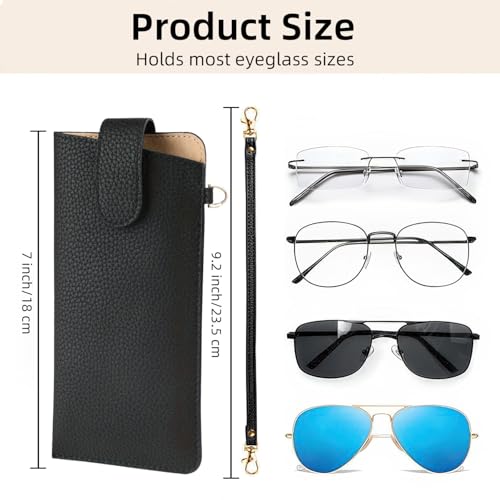 CHANGAR Portable Glasses Case Soft Leather Sunglasses Case with Wrist Strap Travel Sunglass Organizer Pouch with Hanging Hook - color: Black