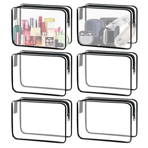 6 Pieces Clear Cosmetics Bag Bulk, TSA Approved Toiletry Bag for Travel, PVC Zippered Clear Pouch Cosmetic Makeup Bag Waterproof Vinyl Plastic Organizer Case for Vacation Bathroom (Large) - color: 6 Large Black