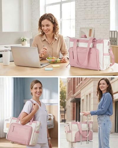 HOMESPON Lunch Bag, 24.5L Large Tote Bag for Women, Laptop Bag Fits 15.6" with Insulated Lunch Compartment & Shoulder Strap, Work Tote for Nurse, Teacher, Office, Commute, Travel, Beige-pink - color: Pink